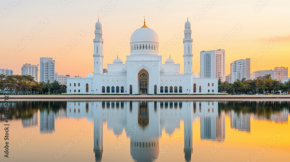 Obraz premium Stunning Reflection of Majestic Mosque at Sunset with City Skyline