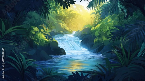 Serene wildwood scene with a flowing river surrounded by dense tropical jungle, perfect for spa, wellness, and eco-tourism concepts