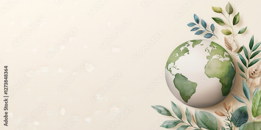 Soft Pastel Watercolor Earth Day Background Concept. Earth globe surrounded by greenery on a light background