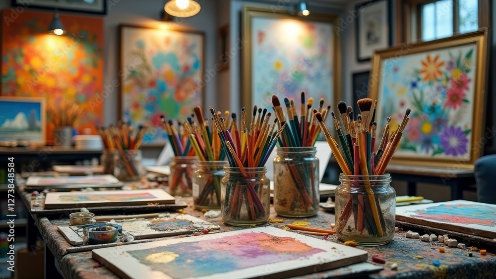 Art studio with colorful paintings and brushes on table Art studio with colorful paintings and brushes on table
