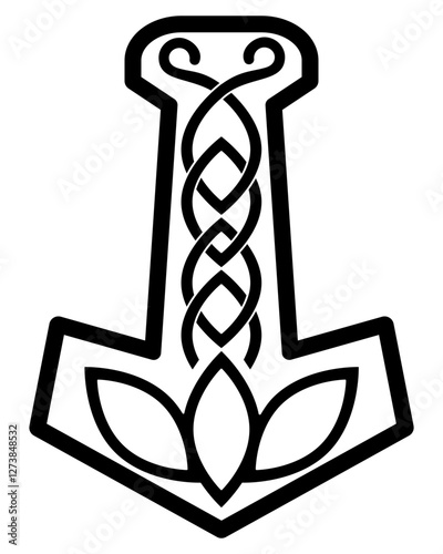 Thor's hammer, Mjolnir with scandinavian ornament, scandinavian amulet - vector silhouette image for stencil. Hammer of god thor for laser cutting