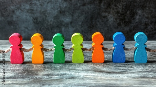 Teamwork and inclusion concept with colorful wooden human figures forming a connected line of solidarity