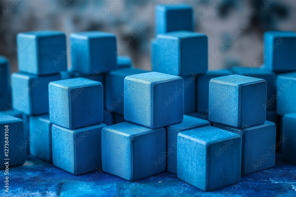 A corporate business strategy display featuring blue stacked blocks and analytics. A corporate business strategy display featuring blue stacked blocks and analytics.