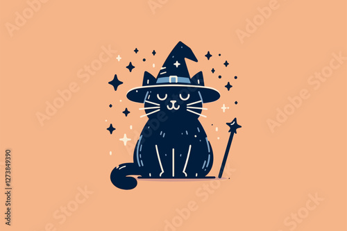 Illustration of a witch cat with a hat and wand, surrounded by magical sparkles.