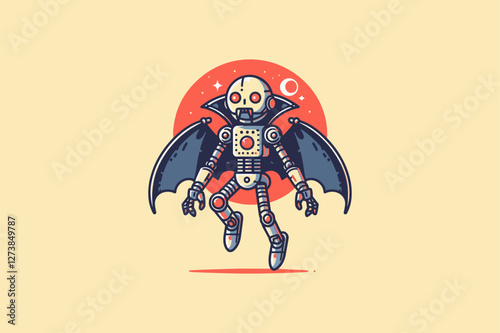 Illustration of a robotic vampire with glowing red eyes and sleek metallic fangs.