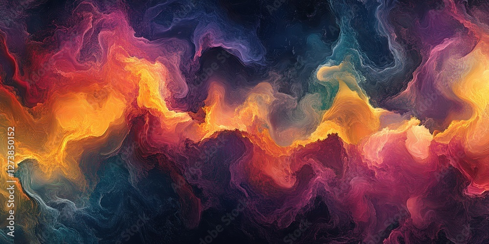 Fototapeta premium Vibrant abstract digital art capturing the universe's complexity, featuring mesmerizing patterns and textures. Rich hues blend blues, greens, yellows, and oranges in an enthralling cosmic dance
