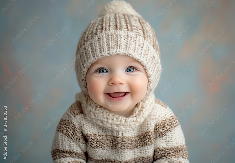 Portrait of a happy baby wearing a striped sweater and hat, laughing against a pastel green background Portrait of a happy baby wearing a striped sweater and hat, laughing against a pastel green background