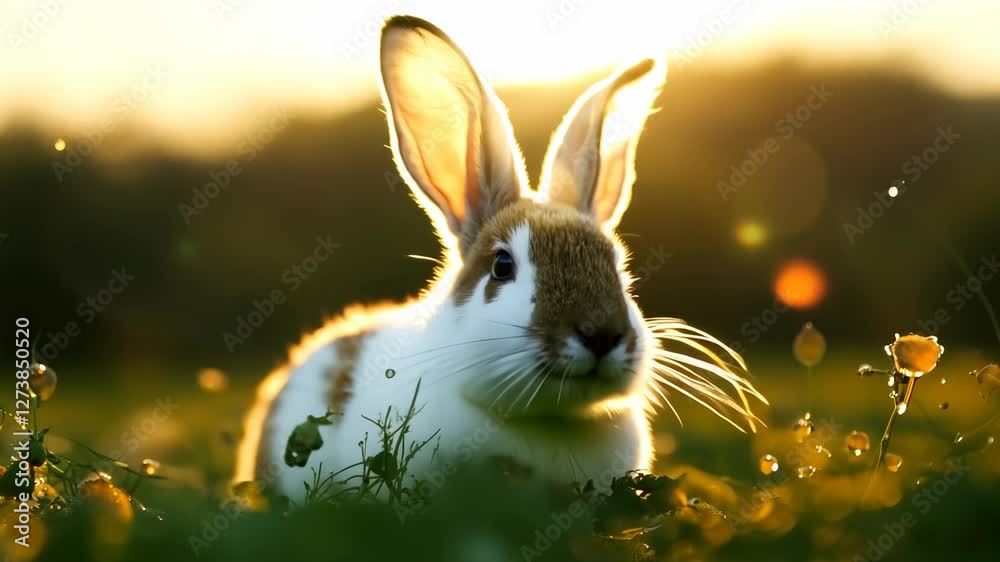 An adorable bunny rabbit nibbling on something in the grass under warm sunlight