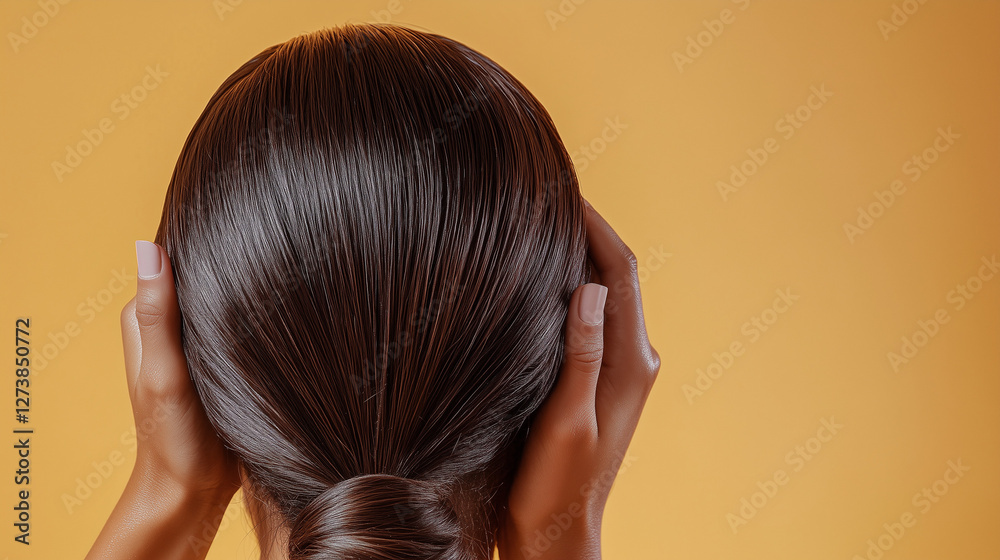 Person Applying Hair Oil Treatment on orange background Person Applying Hair Oil Treatment on orange background