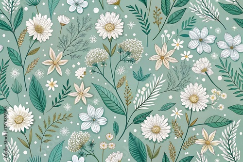 Hand-Drawn Seamless Botanical Pattern with White Flowers and Green Leaves on a Light Blue Background