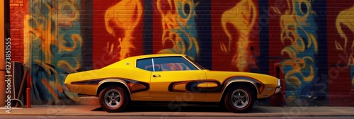 Yellow muscle car parked near graffiti-covered brick wall for street cruising