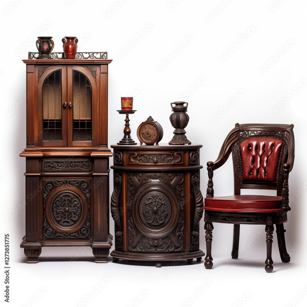 Fototapeta premium Antique Carved Wooden Furniture Set Cabinet Side Table Red Leather Chair