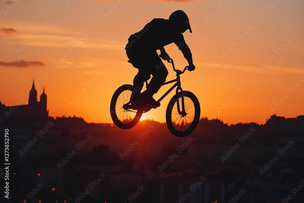 Fototapeta premium Bmx rider performing a jump at sunset over the city skyline