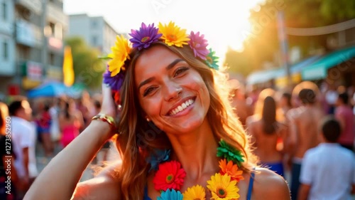 Wallpaper Mural Smiling Woman in Flower Crown Celebrating Festival against Blurred Crowd Torontodigital.ca