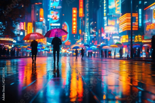 People walking with umbrellas on rainy night in cyberpunk city photo