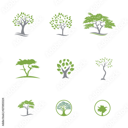 Logo tree. Eco nature wood trees stylized emblems or badges vector collection