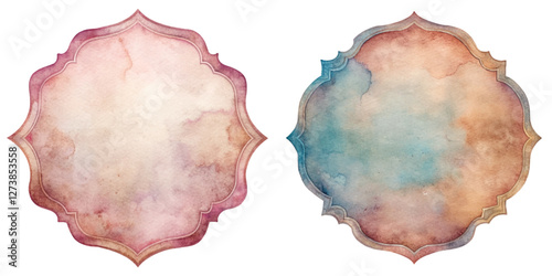 Soft watercolor backgrounds, vintage style, ornate shapes, pastel colors, artistic design, versatile use.