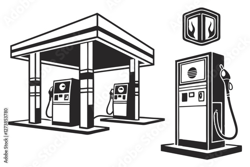  Gas pump nozzles, minimalist icons, fuel droplets, black and white design, red and yellow accents, simple vector graphics, energy symbols, petroleum industry, gasoline dispensers, clean lines, flat