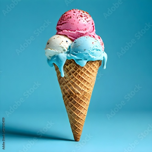 Cone with three scoops of multi-colored ice cream on blue background.