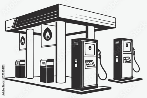  Gas pump icons, minimalist design, black and white, fuel station symbols, simple shapes, geometric, vector graphics, petroleum industry, energy symbols, monochrome illustration, clean lines, silhou