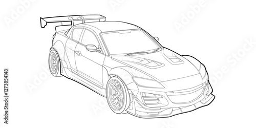 Vector line art car, concept design. Vehicle black contour outline sketch illustration isolated on white background. Stroke without fill. Cower drawing. Black-white icon.