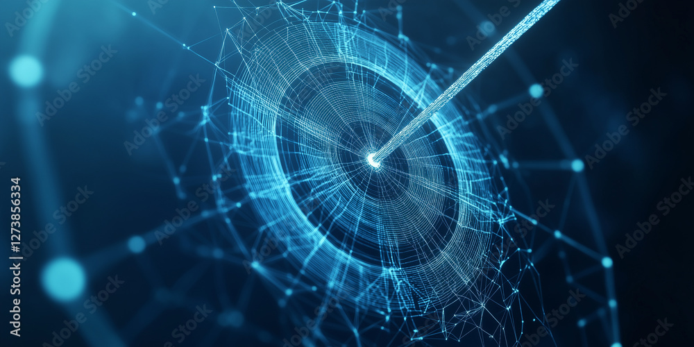 Obraz premium 3D render of a bullseye business goals, in a low-poly style on a dark blue background. Vector illustration, with a wireframe effect and using white and light cyan colors. Digital art. Business Growth 