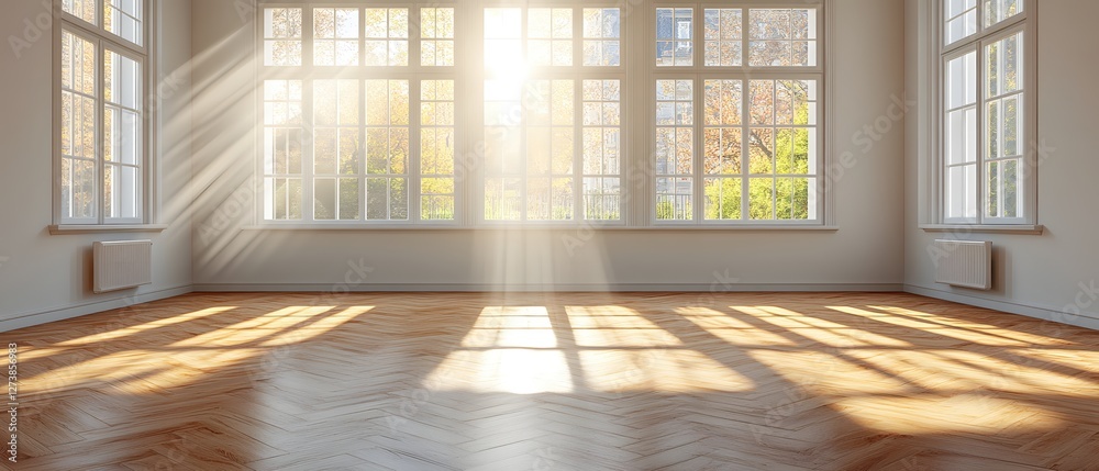Fototapeta premium Bright Sunlight Streaming Through Windows Illuminating Empty Room with Parquet Wood Flooring