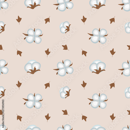 Seamless pattern with a cotton on a beige background.