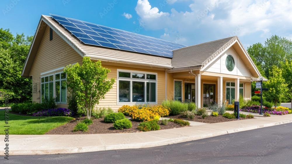 A cozy home in a scenic neighborhood with solar panels on the roof, eco-friendly technology. A cozy home in a scenic neighborhood with solar panels on the roof, eco-friendly technology.