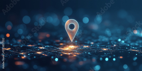3D render of a location icon, in a low-poly style on a dark blue background. Vector illustration, with a wireframe effect and using white and light cyan colors. Digital art.