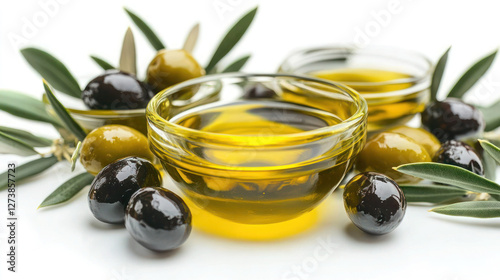 Fresh extra virgin olive oil in small glass bowls, surrounded by green olive leaves and ripe olives in shades of green and black on a white background. Natural ingredients, Mediterranean cuisine. photo