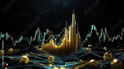A dark background with illuminated financial trends, fluctuating lines, and futuristic graphics.