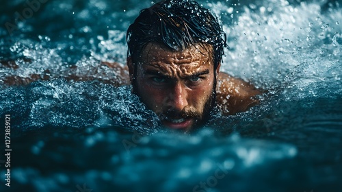 Man Powering Through the Waves: An up-close and personal view captures a man swimming in the ocean. The power and strength emanate from the determined look.