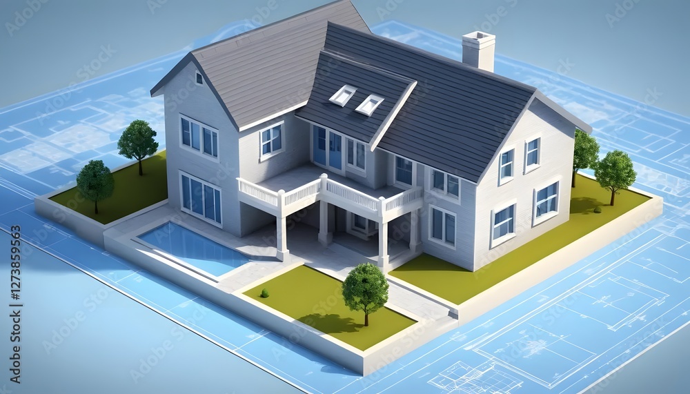 Modern House Architectural Design Model with Pool and Landscaping on Blueprint Modern House Architectural Design Model with Pool and Landscaping on Blueprint