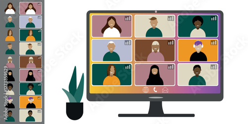 Video call conference, working from home. Colleagues of different nationalities and ages talk to each other on computer screen. Isolated illustration on white background in flat style trendy colors