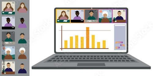 Video call conference, working from home. Colleagues of different nationalities and ages talk to each other on the laptop screen. Isolated illustration on white background in flat style trendy colors