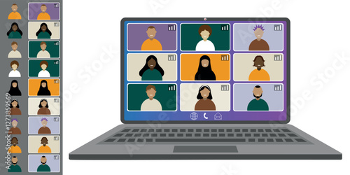 Video call conference, working from home. Colleagues of different nationalities and ages talk to each other on the laptop screen. Isolated illustration on white background in flat style trendy colors