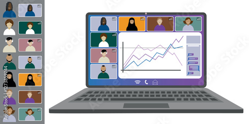 Video call conference, working from home. Colleagues of different nationalities and ages talk to each other on the laptop screen. Isolated illustration on white background in flat style trendy colors