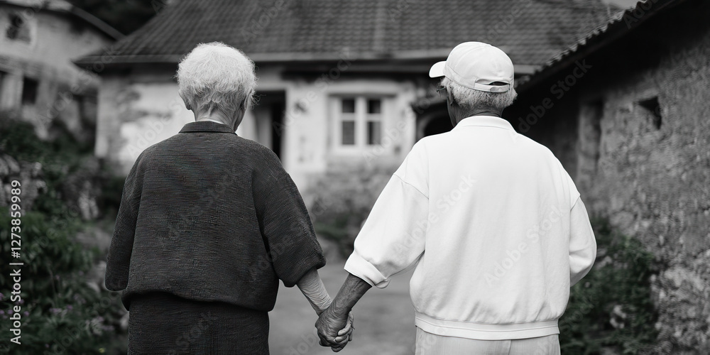 Elderly Couple Walking Away From House Elderly Couple Walking Away From House