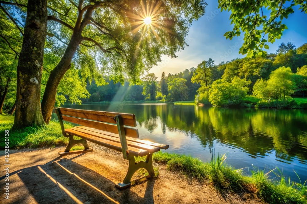 Serene Lakeside Wooden Bench: Peaceful Nature Scene Stock Photo Serene Lakeside Wooden Bench: Peaceful Nature Scene Stock Photo