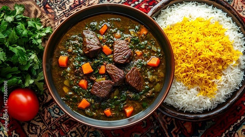 Ghormeh Sabzi with Rice and Herbs Traditional Persian Stew Close-up photo