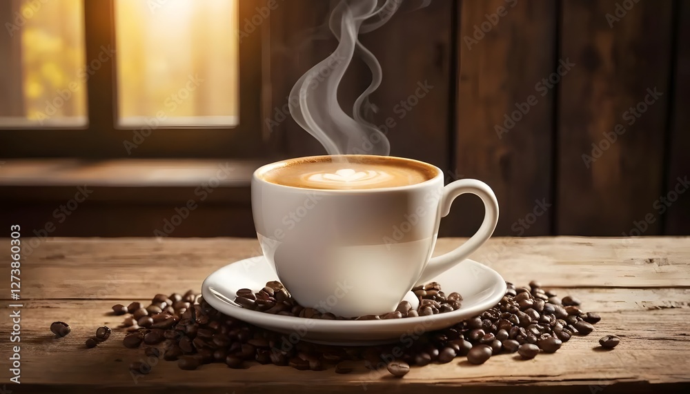 Aromatic Steaming Latte Coffee Cup on Rustic Wooden Table with Coffee Beans Aromatic Steaming Latte Coffee Cup on Rustic Wooden Table with Coffee Beans