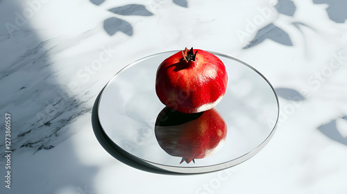 Vibrant pomegranate reflecting on a circular mirror, bathed in dappled sunlight on a marble surface.