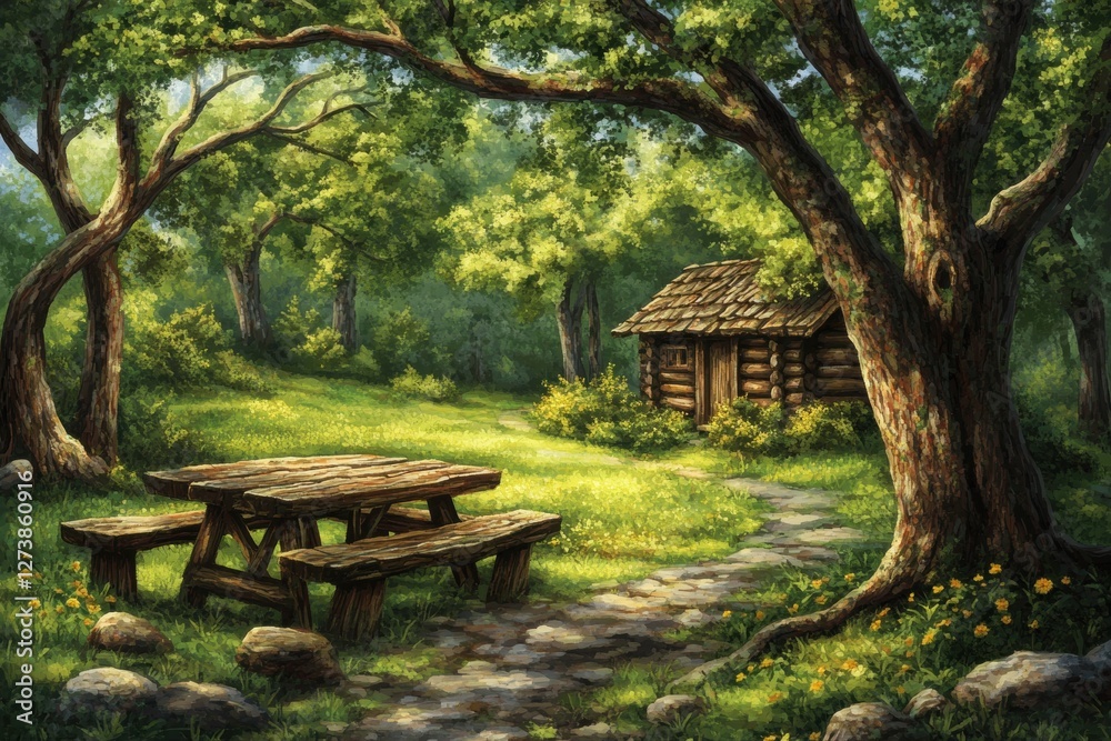 Rustic Log Cabin Surrounded by Green Trees and Picnic Table in Forest Glade Rustic Log Cabin Surrounded by Green Trees and Picnic Table in Forest Glade