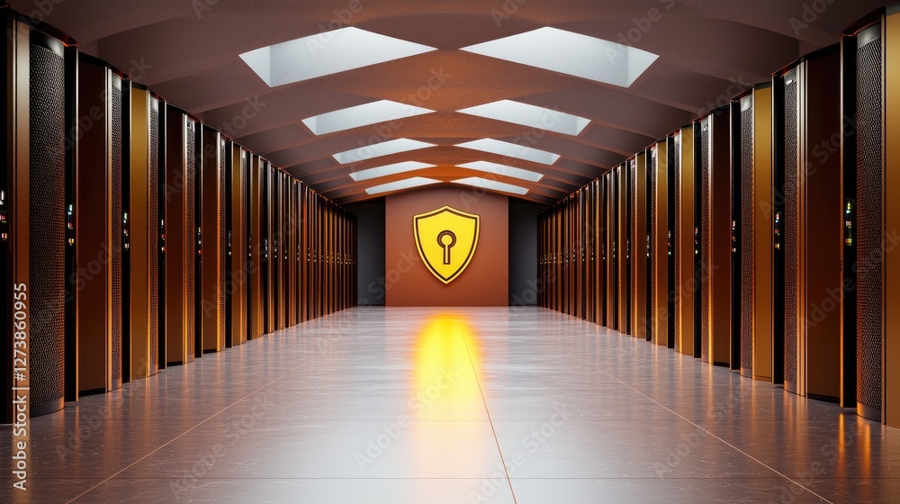 Fototapeta premium A futuristic server room with a glowing security shield symbolizing advanced data protection in a digital space.