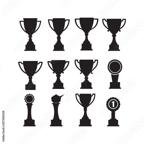 gold trophy cup award vector icon set silhouette flat design illustrations