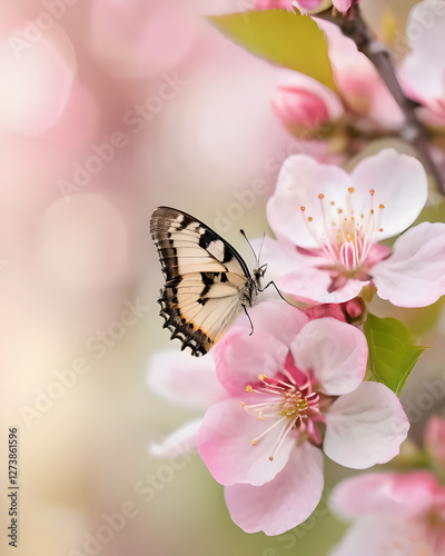 Concetto di primavera, ramo fiorito di pesco con farfalla che si posa