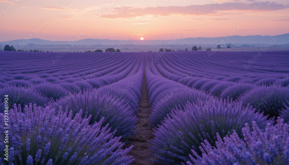 Fototapeta premium Endless Lavender Fields in Full Bloom at Sunset, Purple Flowers Stretching into the Distance with a Pastel Sky for a Calm and Tranquil View