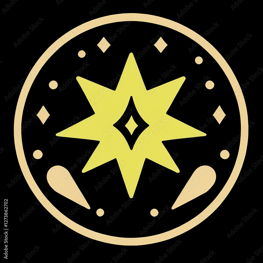 Bright Yellow Star in a Circular Celestial Design, perfect for cosmic or space-themed projects.