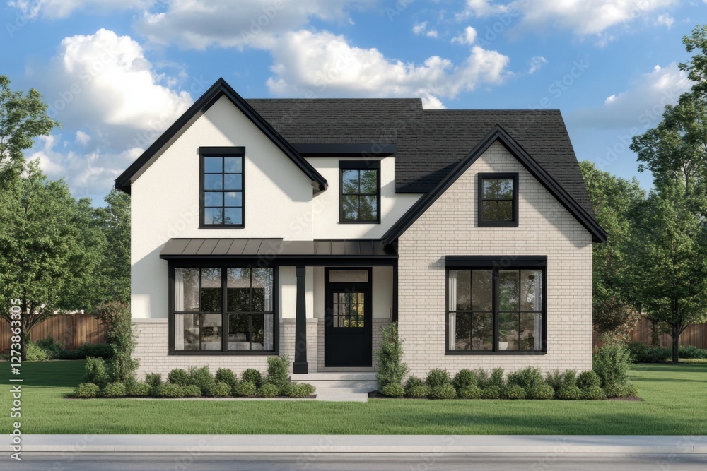 Modern two-story home featuring a combination of white siding and black trim surrounded by lush greenery under a bright blue sky Modern two-story home featuring a combination of white siding and black trim surrounded by lush greenery under a bright blue sky